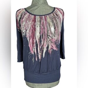 Marks and Spencer Navy Top with Pink and Silver Feather Design, US size 12